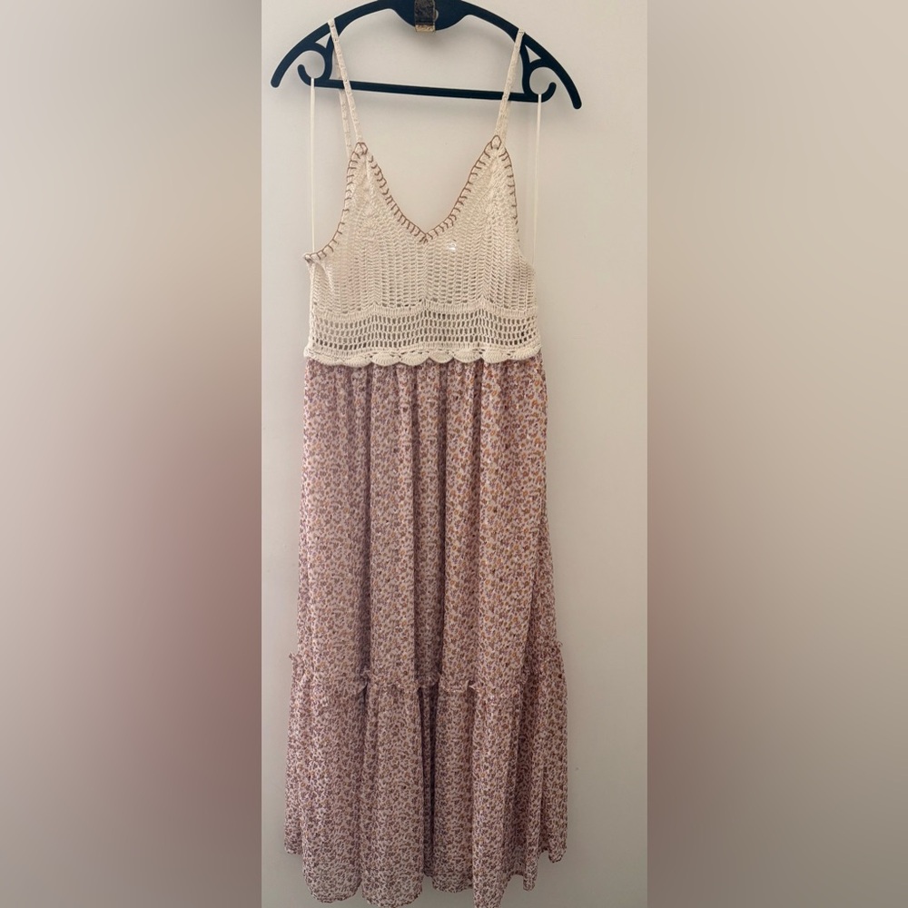 Euro Sumer Zara Cream Crochet Bodice Pink Floral Maxi Dress size m - Picture 2 of 7